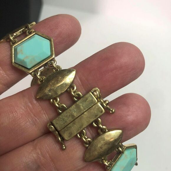 1471 Lucky Brand boho gold tone faux turquoise hammered link bracelet 7" - Picture 2 of 2